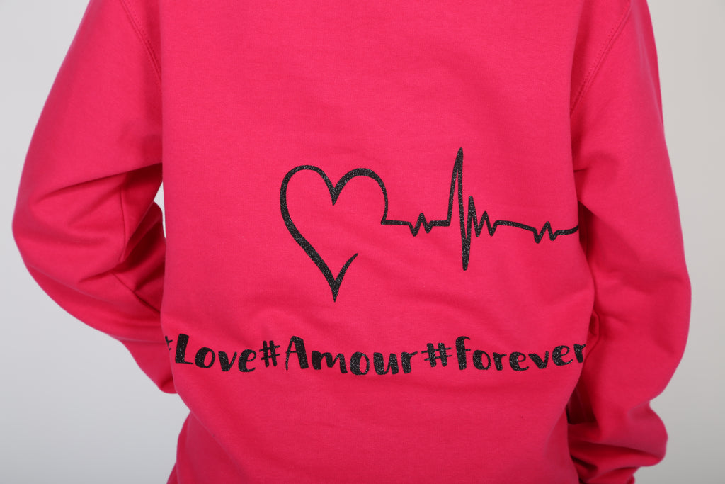 Sweat AMOUR fuchsia et noir pailleté