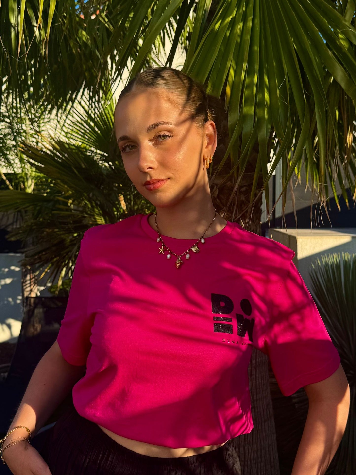 T-shirt DYMALCT Fuchsia et Noir pailleté